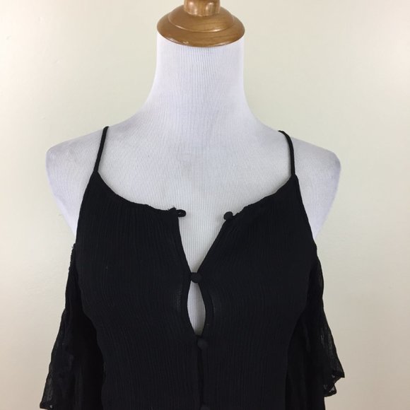 MAEVE Anthropologie Black Crepe Chiffon Cold Shoulder Ruffle Sleeve Button Shirt - Picture 8 of 10